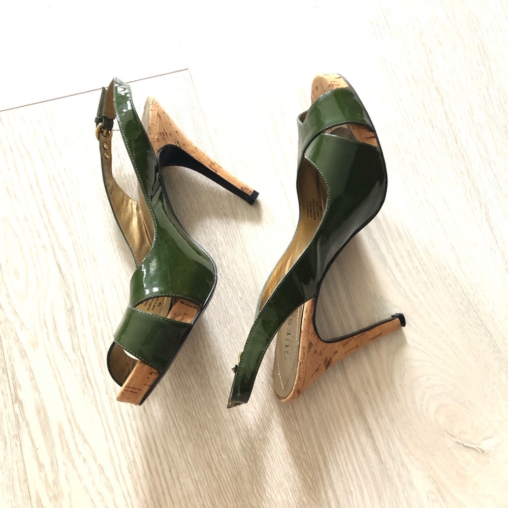 Guess by Marciano Green Leather High Heel Slingback Cork Heels - Picture 10 of 16